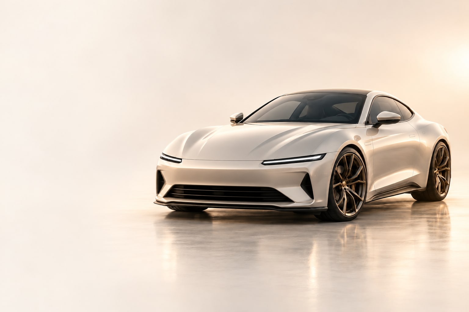 A pearl-white sports coupe on a polished studio floor