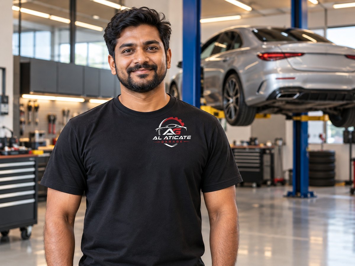 A technician from the garage in the workshop, a car on a lift behind him