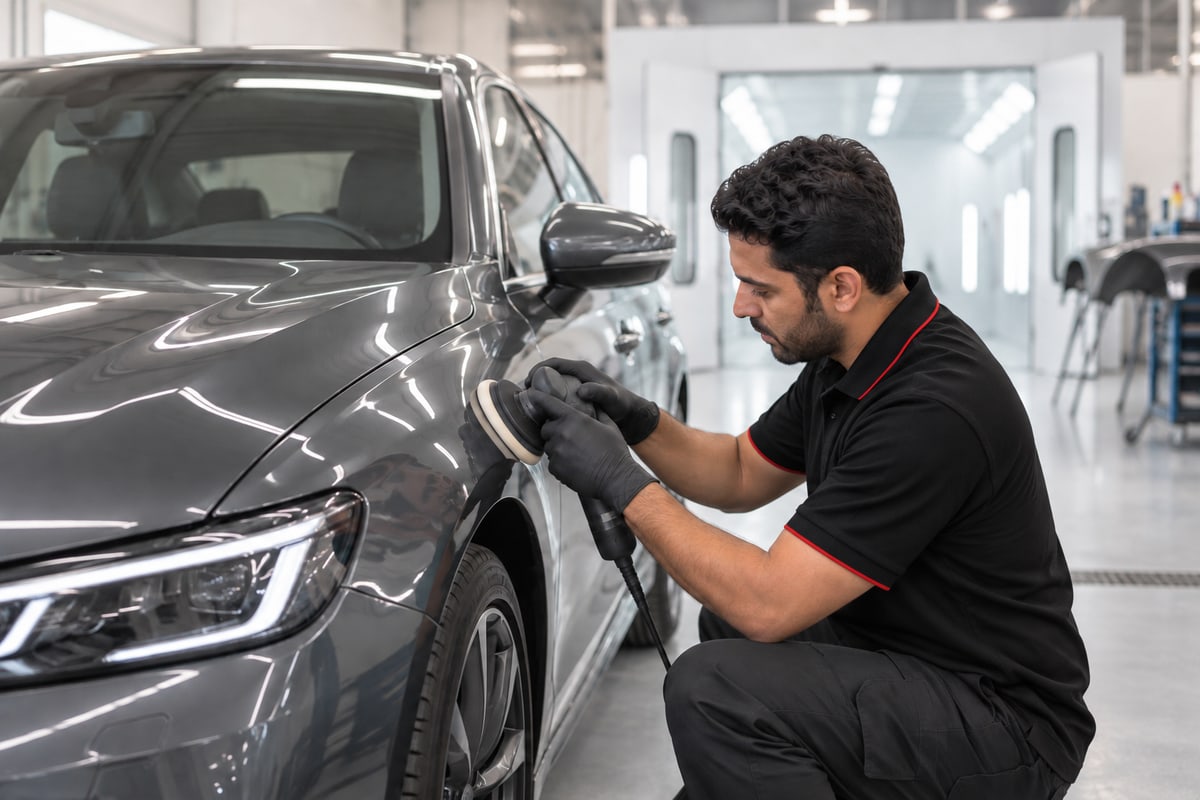 A technician smoothing a repaired door panel on a grey saloon