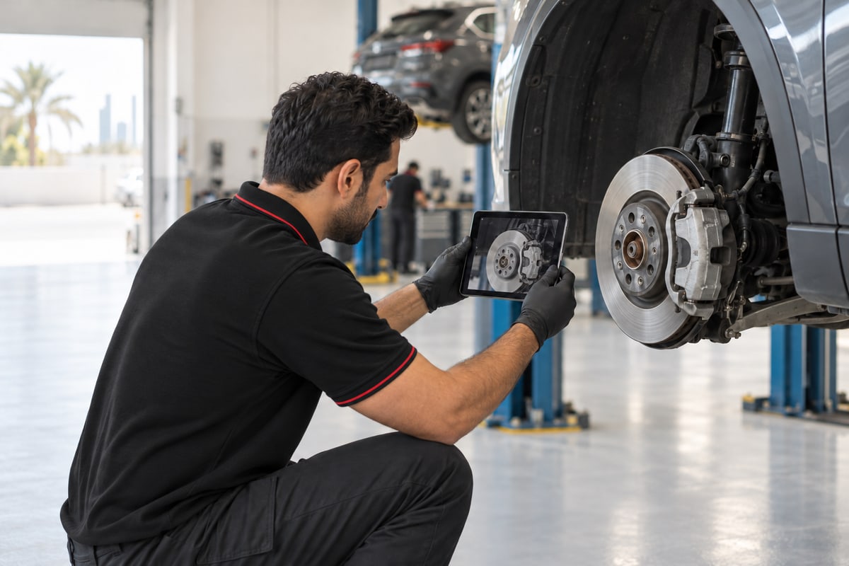A technician photographing a brake disc with a tablet
