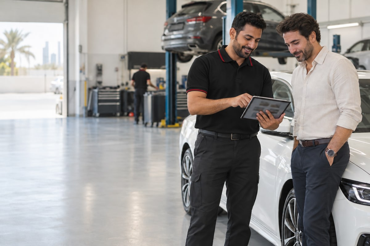 A service advisor showing a customer photographs of his car on a tablet