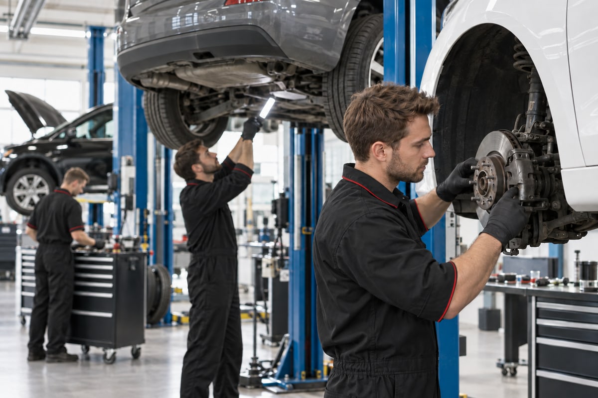 A technician working on the brakes of a car raised on a lift