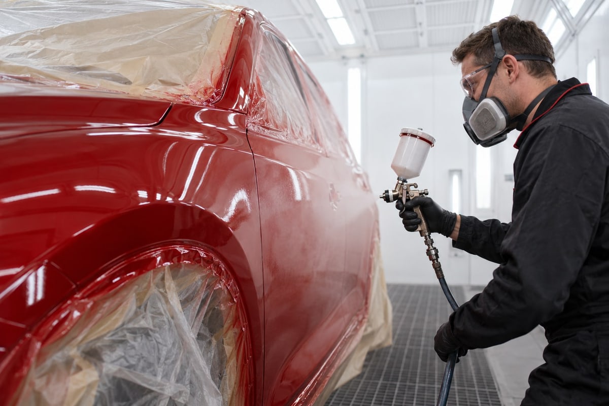 A painter in a mask spraying a red car in the paint booth