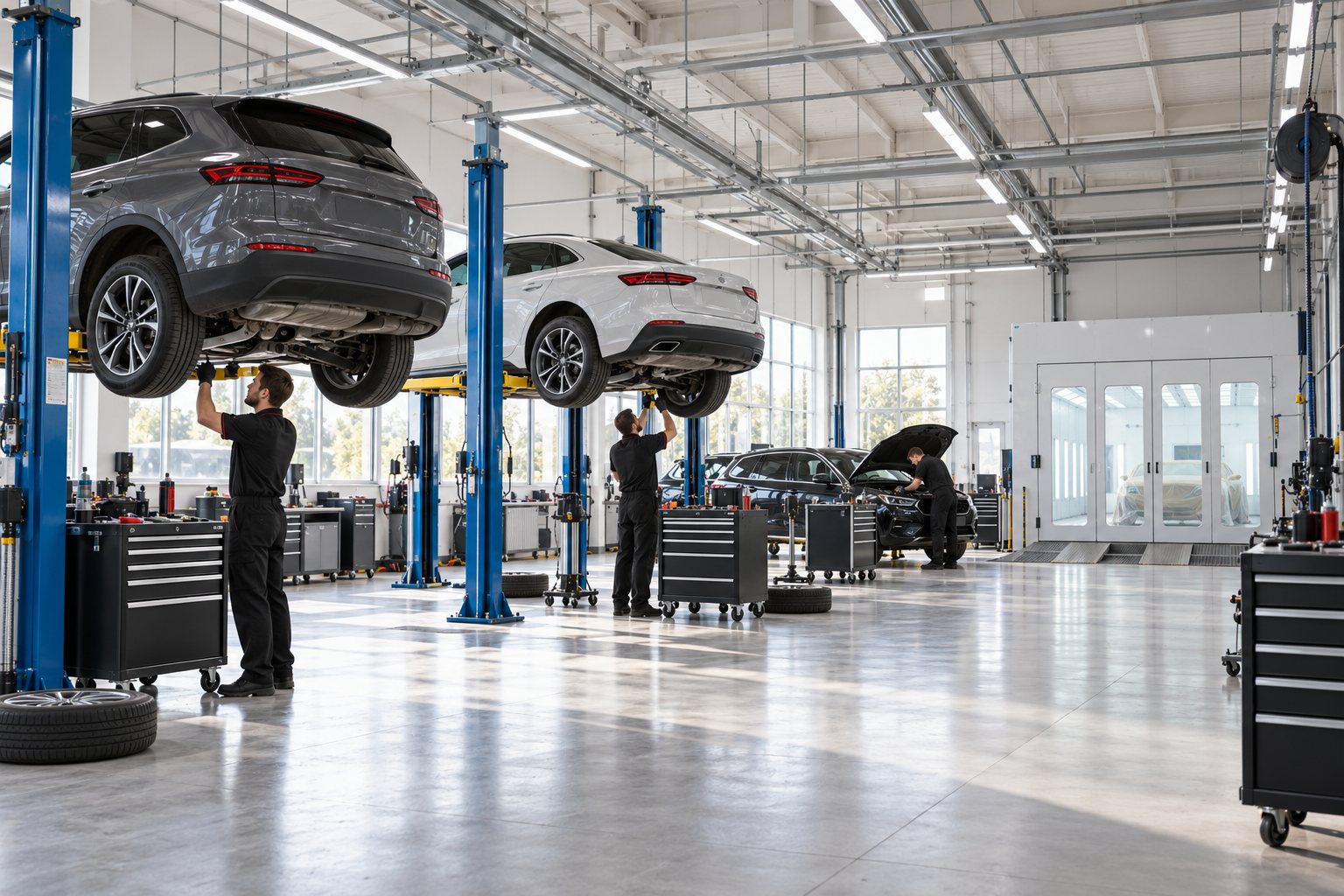 The workshop: cars on lifts, technicians at work and the paint booth at the far end